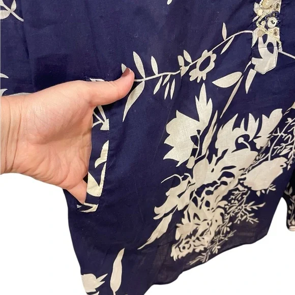 Soft Surroundings beaded tunic cotton blue white leaf print embellished 1X - Picture 6 of 12